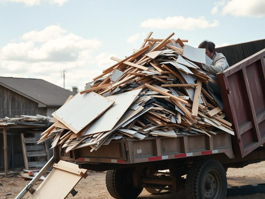 Construction debris of drywall and lumber loaded into a haul-off trailer