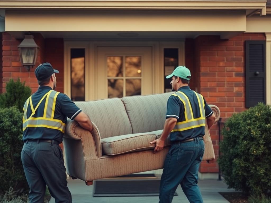 Two junk removal crew members carrying an old couch out of a Boulder home